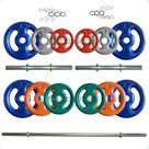Kit 40 Kg de Anilhas Emborrachadas + 2 Barras Maciças Zincada 40cm e Barra de 150cm
