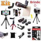 Kit 4x1 Super Luneta Celular Telescópica Zoom Hd + Kit Lentes 3x1 Fisheye + Mini Tripé Flexível Câmera Celular + Brinde