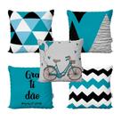 Kit 5 Almofadas Azul Geométricas Gratidão Bike Love Para Sofá Sala de Estar Cama Quarto 40x40 Novadecora