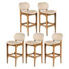 Kit 5 Banquetas Alta em Madeira Decor Estofada Linho Bege M58 RMI