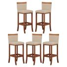 Kit 5 Banquetas Alta Encosto Estofado 38x102 Cm Paris Madeira Maciça Castanho Suede Bege CCS