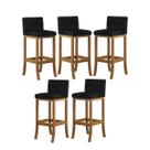 Kit 5 Banquetas Média Encosto Estofado 38x90Cm Ilha Espanha Madeira Maciça Amêndoa Suede Preto CCS