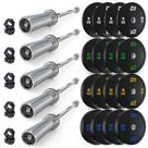 Kit 5 Barras Olímpicas Reta 1,2m + jogo 200kg anilhas e Presilhas