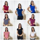 Kit 5 Blusas feminina básica t-shirt detalhe na manga