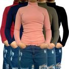 Kit 5 Blusinhas Femininas Gola Alta Manga Longa Justas Lisas Cores Sortids Malha Crepe Pp Plus Size