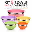 Kit 5 Bowls Tigelas Aço Inox Coloridos Empilháveis com Tampa Plástica Vedação Cozinha Kit 5 Bowls Tigelas Aço Inox Coloridos Empilháveis com Tampa Plástica Vedação Cozinha