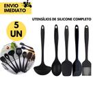 Kit 5 Conjunto de Silicone Preto p/ Cozinha vai ao Fogo não Risca Panela Concha Colher Pincel Espatu