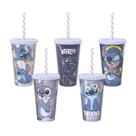 Kit 5 Copo Canudo Stitch 500 ml Tampa Lembrancinha Festa Infantil Aniversário Reutilizável Plástico