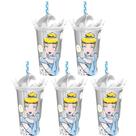 Kit 5 Copos 500ml Estampa Cinderela Princesa com Canudo e Tampa Coroa Lembrança Festa