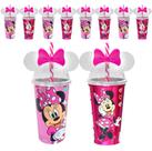 Kit 5 Copos 500ml Minnie Rosa com Orelhas e Canudo Infantil para Festas