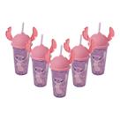 Kit 5 Copos Stitch e Angel 500ml Com Tampa Ludica Canudo Orelhinha para Refri Bpa Free Disney Lembrancinha Festa