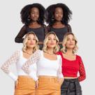 Kit 5 Cropped Blusinha Feminina Canelada Manga Longa Tule Poa Bolinha Moda Inverno