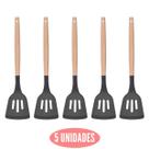 Kit 5 Espatula Silicone Vazada Preto Multiuso Cabo Bambu