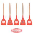 Kit 5 Espatula Silicone Vazada Vermelho Cabo Bambu