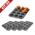 Kit 5 Forma Cupcake 12 Furos Assadeira Bolo Antiaderente Cavidades Bolinhos Teflon Empada Pão Queijo