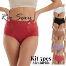 Kit 5 pçs Tanga Calcinha Cintura Alta Fio Duplo com Renda Lateral - Microfibra Conforto Sensualidade