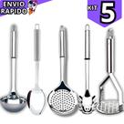 Kit 5 Pecas Utensilios De Cozinha Inox Escumadeira Concha Colher De Arroz Amassador E Colher De Mass