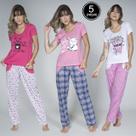 Kit 5 Pijamas Feminino Calça Longa Estampada Blusa Manga Curta