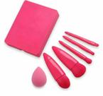 Kit 5 Pincéis Maquiagem c/ Estojo e Espelho + Esponja