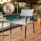 Kit 5 Poltronas Porã Junco Sintético Aço Preto com Braços para Externa Varanda Gourmet - Branco