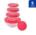 Kit 5 Potes Redondos Transparentes De Vidro Com Tampa Vermelha Euro Home