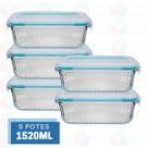 Kit 5 Potes Resistente Retangular Vidro Resistente 1520ml