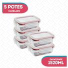 Kit 5 Potes Vidro Hermético Canelado Marmita Fitness 1520ml