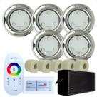 Kit 5 Refletores Led 6w RGB Inox S e Adaptadores Cano 50mm e Comando para Iluminação Piscina