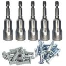 Kit 5 Soquetes Bits Sextavado Ponteiras para Parafusadeira + 12 Parafusos 1/4 Com Buchas 10mm