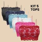 Kit 5 Tops Faixas Feminino com Renda e Alça Fina Sem Bojo