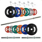Kit 50 Kg de Anilhas Emborrachadas + 2 Barras Maciças Zincada 40cm e Barra de 150cm