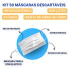 Kit 50 Máscaras Tripla Proteção + 100 Toucas Sanfonadas TNT + 100 Luvas Látex C/ Pó Branca