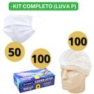 Kit 50 Máscaras Tripla Proteção + 100 Toucas Sanfonadas TNT + 100 Luvas Látex C/ Pó Branca