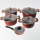 Kit 5pçs Caçarolas 18a24cm Frigideira 16cm Mescla Cerâmico Alças Madeira com Tampas de Vidro - Cor: Vermelho com Cinza