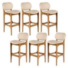 Kit 6 Banquetas Alta em Madeira Decor Estofada Linho Bege M58 RMI