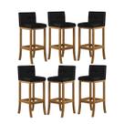 Kit 6 Banquetas Média Encosto Estofado 38x90Cm Ilha Espanha Madeira Maciça Amêndoa Suede Preto CCS