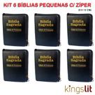 Kit 6 Bíblias Sagradas Pequena Zíper - Preta - 9x13 cm