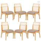 Kit 6 Cadeiras de Jantar em Madeira Lisboa Encosto Rattan Estofada Linho Marrom Claro L87 RMI