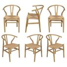 Kit 6 Cadeiras de Jantar Wishbone em Madeira com Assento Rattan Bege