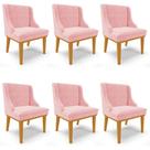 Kit 6 Cadeiras Estofadas para Sala de Jantar Base Fixa de Madeira Castanho Lia Suede Rosa bebê - Ibiza