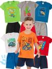 Kit 6 Conjuntos Infantil Menino Verão Camiseta em Meia Malha com Manga e Bermuda de Moletinho com Elástico