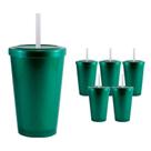 Kit 6 Copo Tampa Canudo Verde 320Ml Plástico Premium