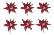 Kit 6 Flor Veludo Glitter Buquê Pick Natal Vermelho Escuro