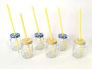 Kit 6 Mini Canecas Vidro Alça Tampa Collor AzulAmarelo e Canudos 8x5cm 110ml