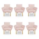 Kit 6 Poltronas Decorativa Leticia Suede Rosa Bebê Pés Palito Castanho - Pallazio