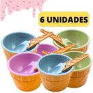 Kit 6 Potes de Sobremesas Casquinha de Sorvete Tigelas Com 6 Colheres Coloridas Para Saborear E Refrescar