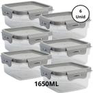 Kit 6 Potes Quadrado Com 4 Travas 1650ML Cinza