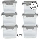Kit 6 Potes Quadrado Com 4 Travas 2,7L Cinza