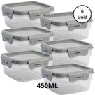 Kit 6 Potes Quadrado Com 4 Travas 450ML Cinza