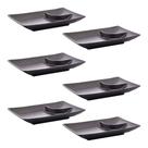 Kit 6 Pratos Japonês Retangular Melamina Preto Molheira